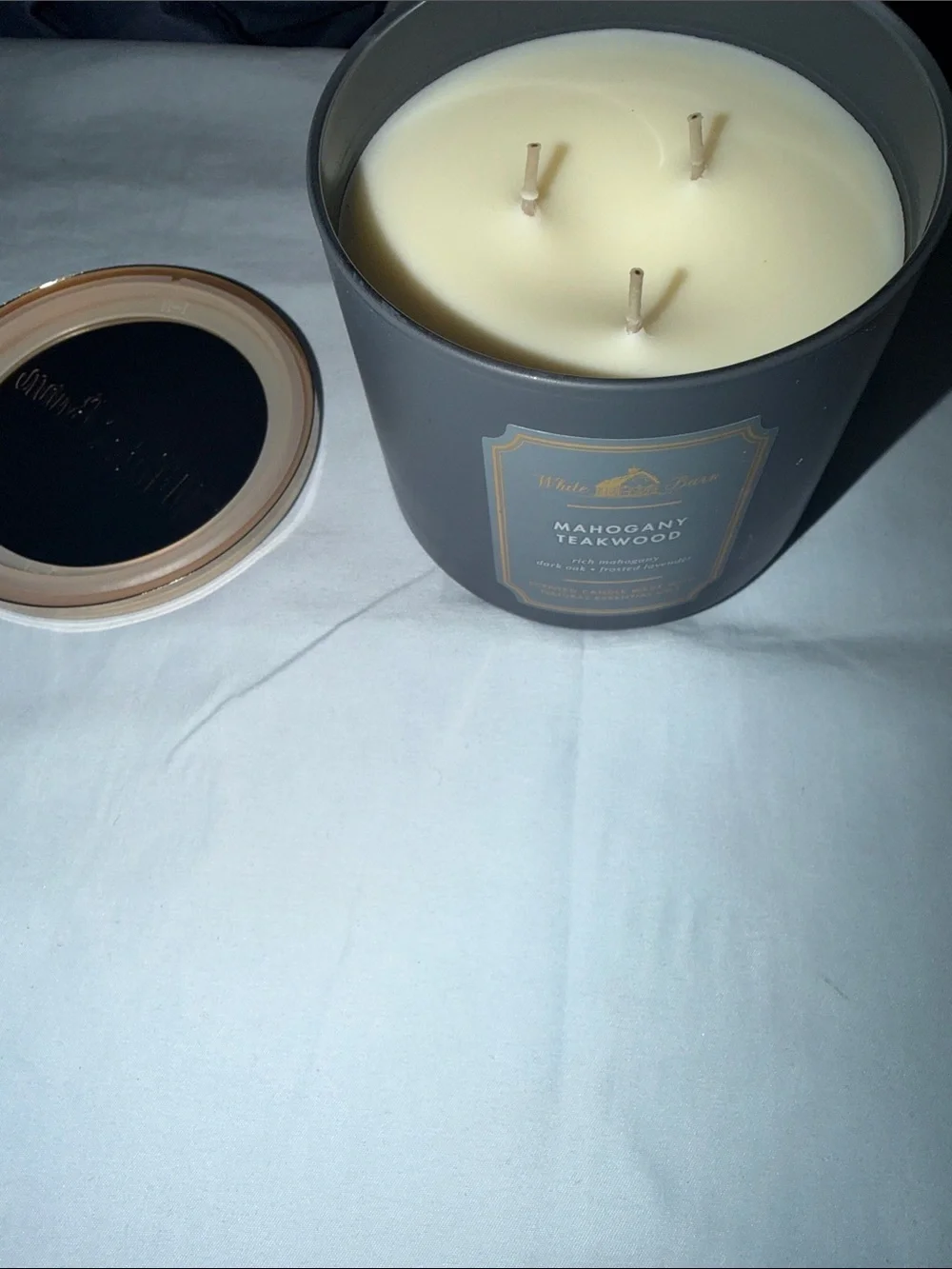 White Barn Blue-Gray Mahogany Teakwood Candle with Gold Trim - Picture 3 of 4